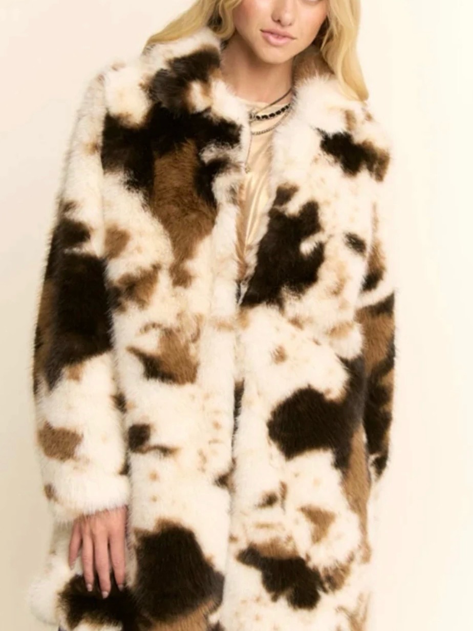 Cow Print Faux Fur Coat In Cream And Brown